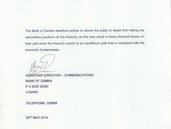 Zambia Bank Of Zambia Warns People Betting Against The Kwacha - 