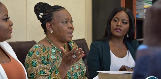 Ministry of National Guidance and Religious Affairs Godfridah Sumaili at a press briefing flanked by PR Girl Media partners Chishimba Nyambe and Monde Nyambe