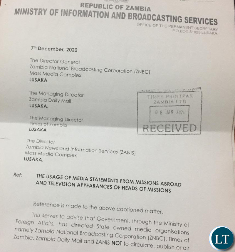 Zambia : Malupenga bans state media from covering Zambia’s Ambassadors